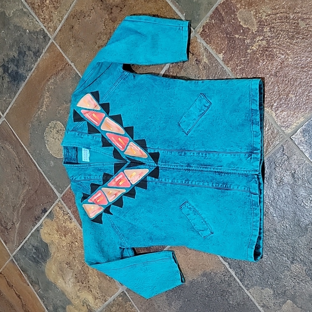 Vintage Sundance Denim Wear Turquoise Aztec Native American Stone wash jacket